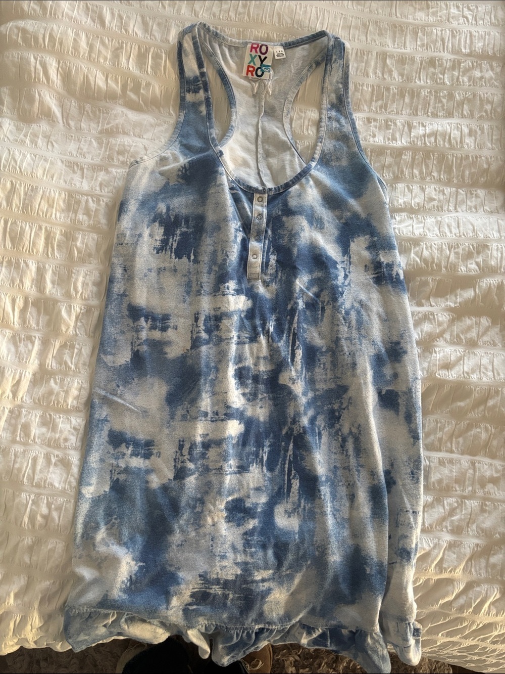 Roxy Blue and White Tie-Dye Henley Racerback Cover Up